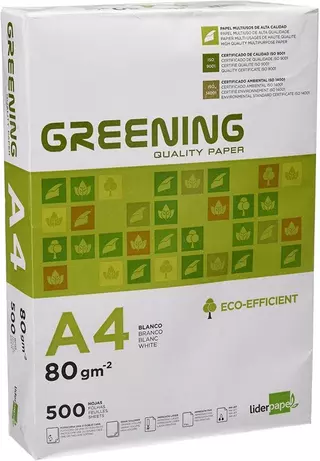 Papel A4, 80 Gramos, Paquete de 500 Hojas. Liderpapel Greening.